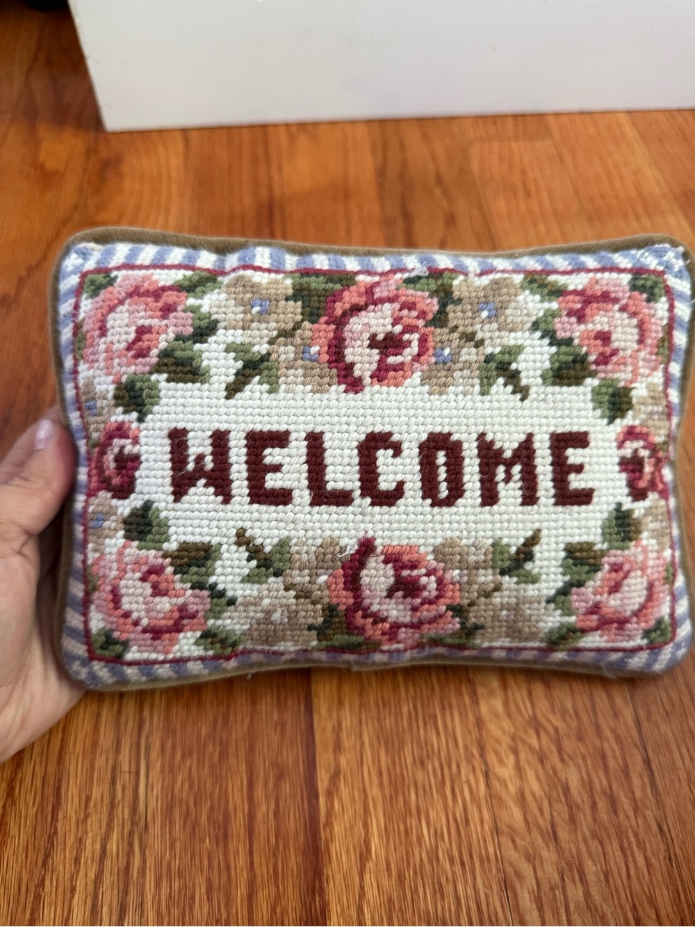 VTG Wool Needlepoint “Welcome” Pillow 9 x 6 1/2 Floral Stripe Sage Green Velvet